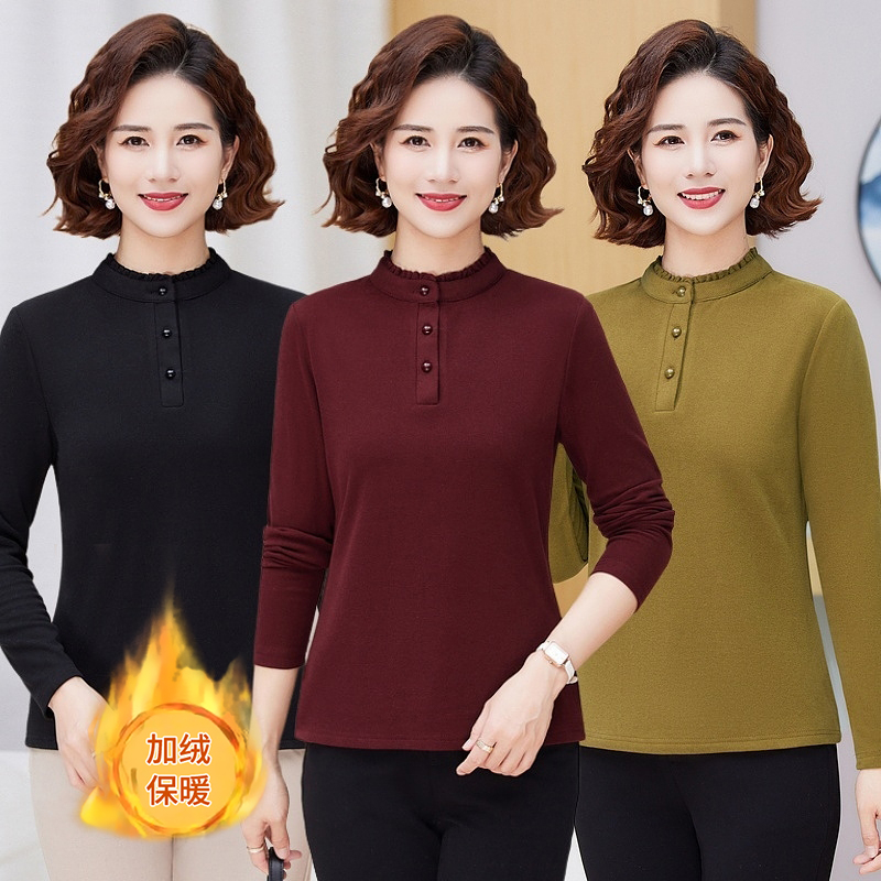 中老年女装妈妈纯棉针织圆领长袖上衣女士加绒毛衫长袖