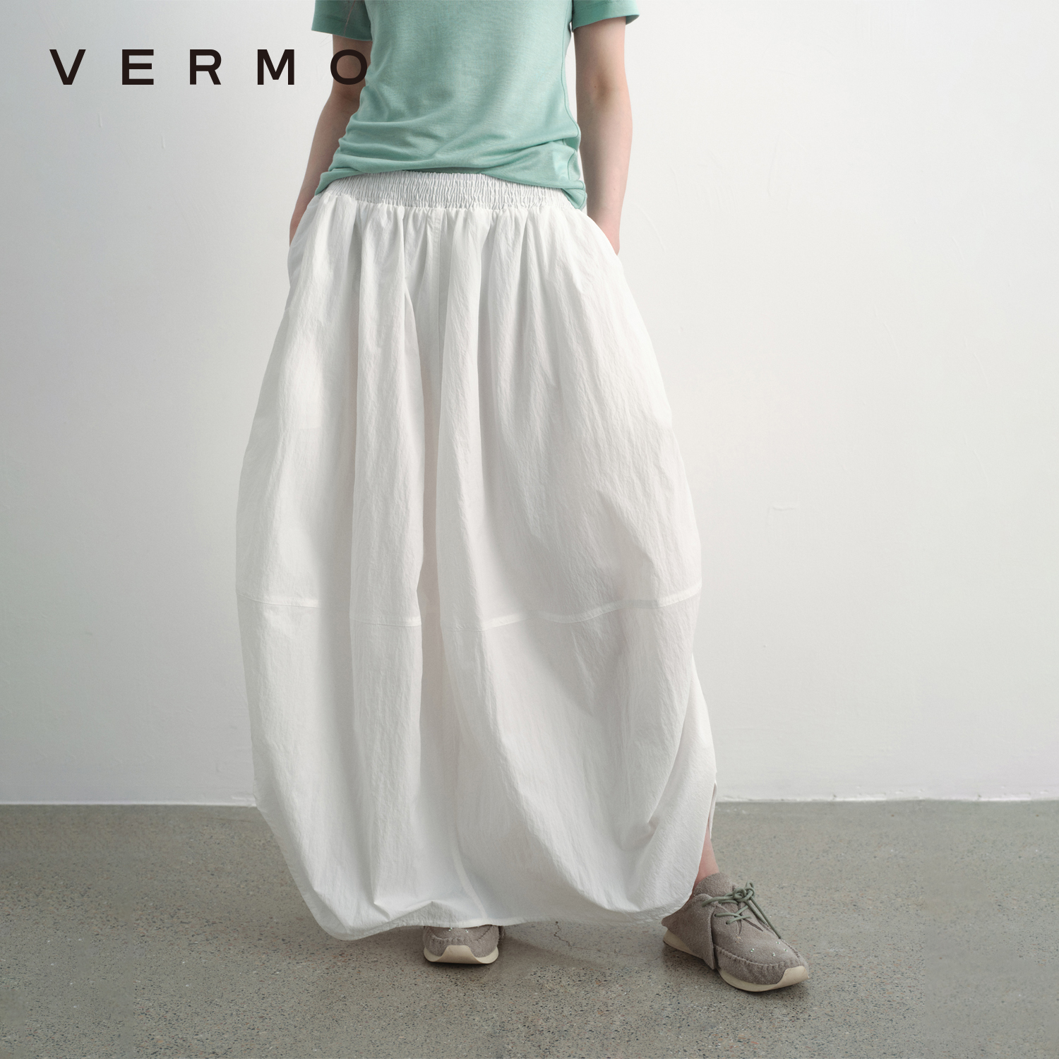 VERMO 夏日空气感 微皱肌理抗皱 松紧腰抽绳调节气球半身裙8951