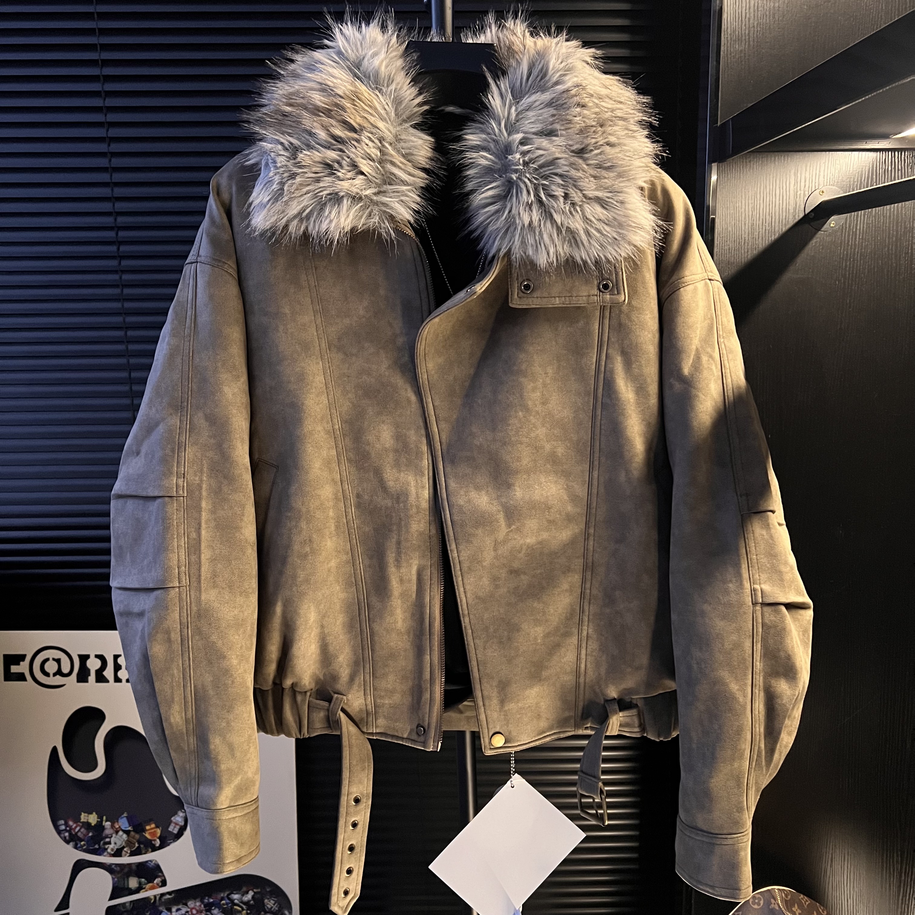 H-加绒卡其色男士夹克翻领复古小众设计感高级老钱风上衣外套