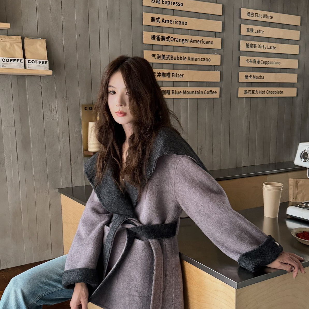 2025秋冬双面双色翻领浴袍系带羊绒大衣女短款小个子羊毛呢外套厚