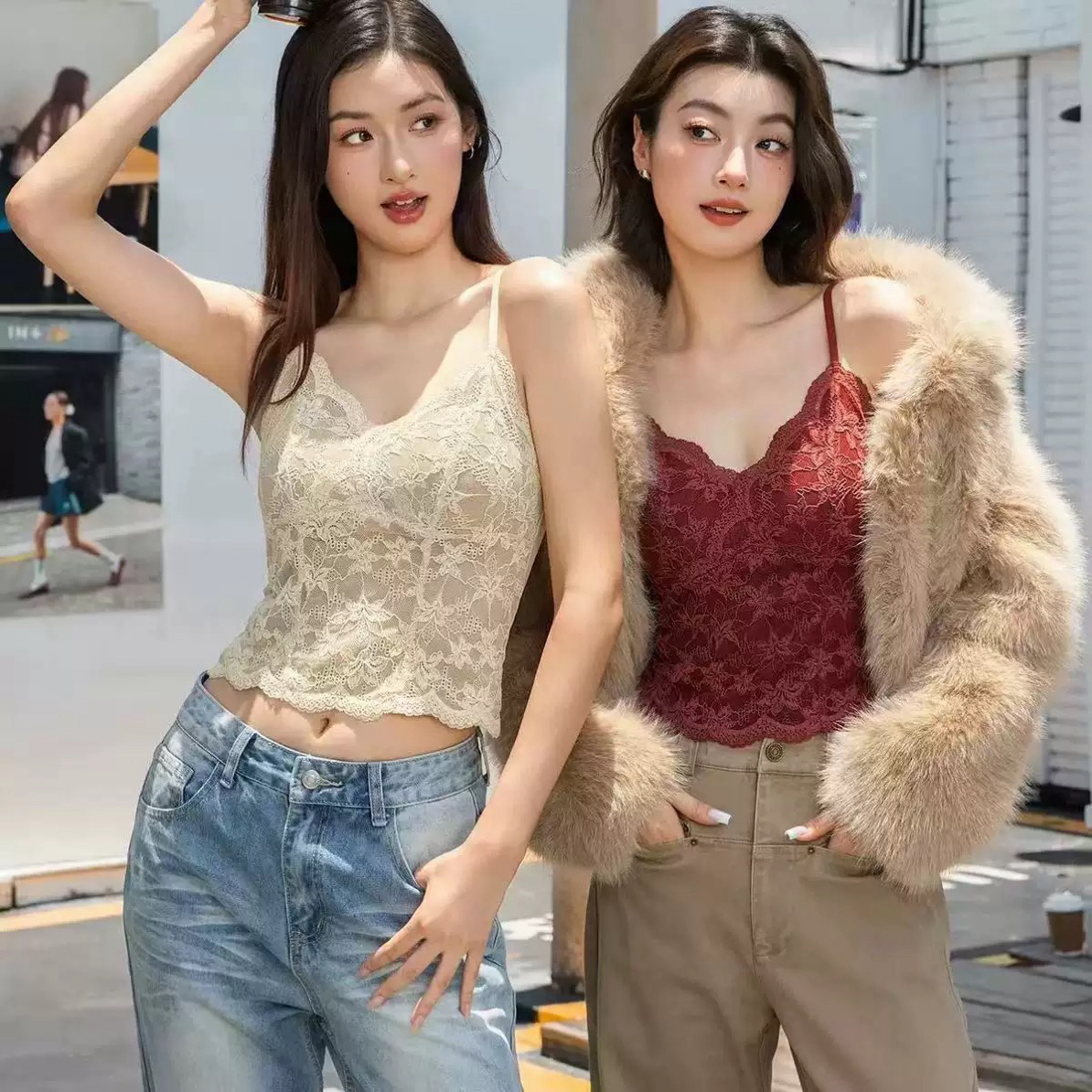 冬季法式蕾丝V领带胸垫吊带背心内搭外穿美背