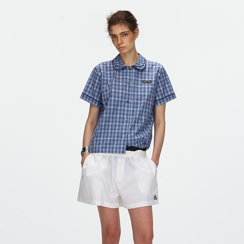 ECHOADE极简时髦 柔软舒适双层弧形彼得潘小翻领H型直筒短袖衬衫