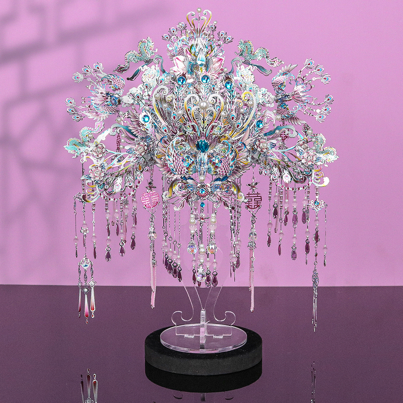 钢达粉黛银色凤冠喜扇手工diy立体金属拼装模型闺蜜生日结婚礼物