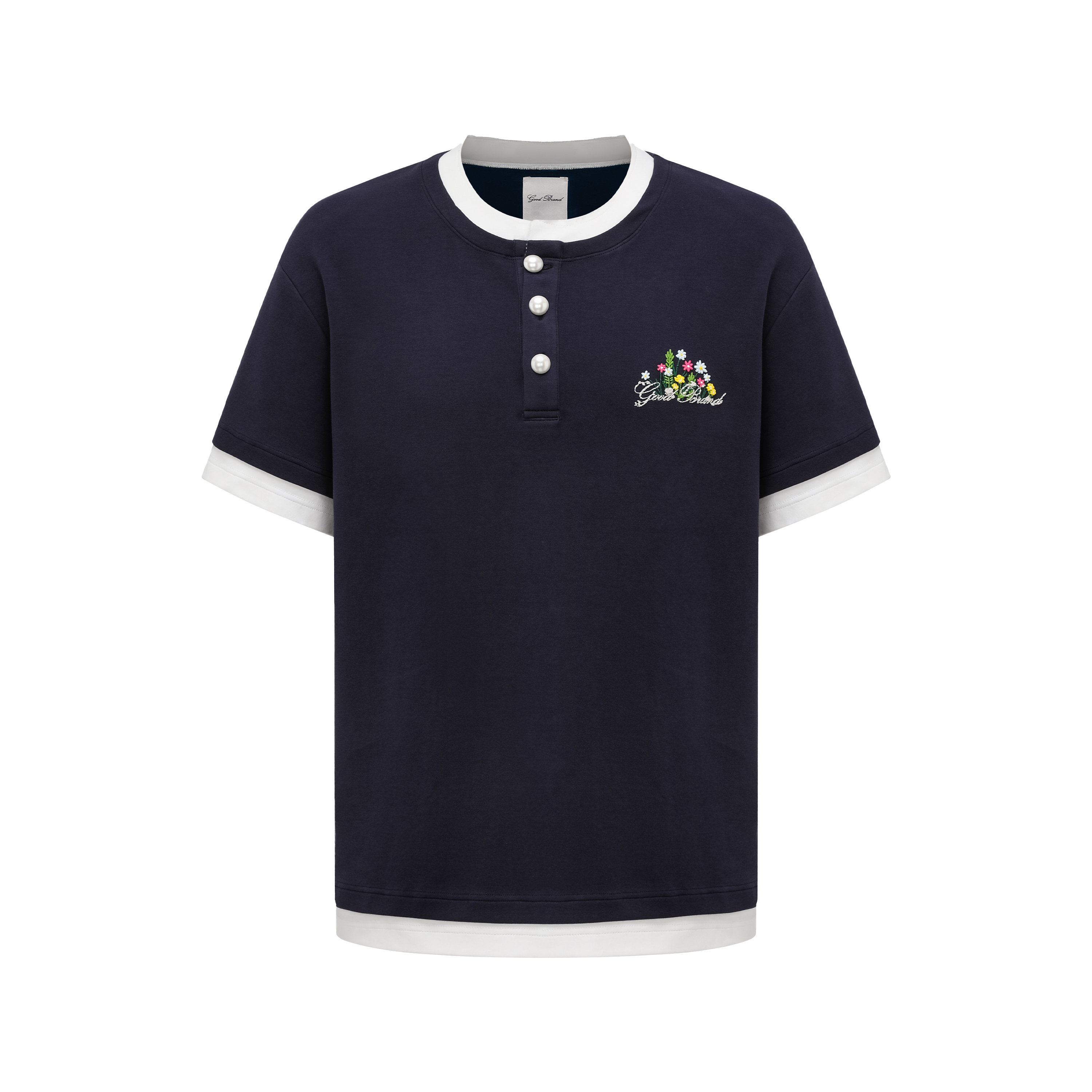 GB-GOODBRAND 2025SS YM 假两件立体花卉刺绣亨利领时尚短袖