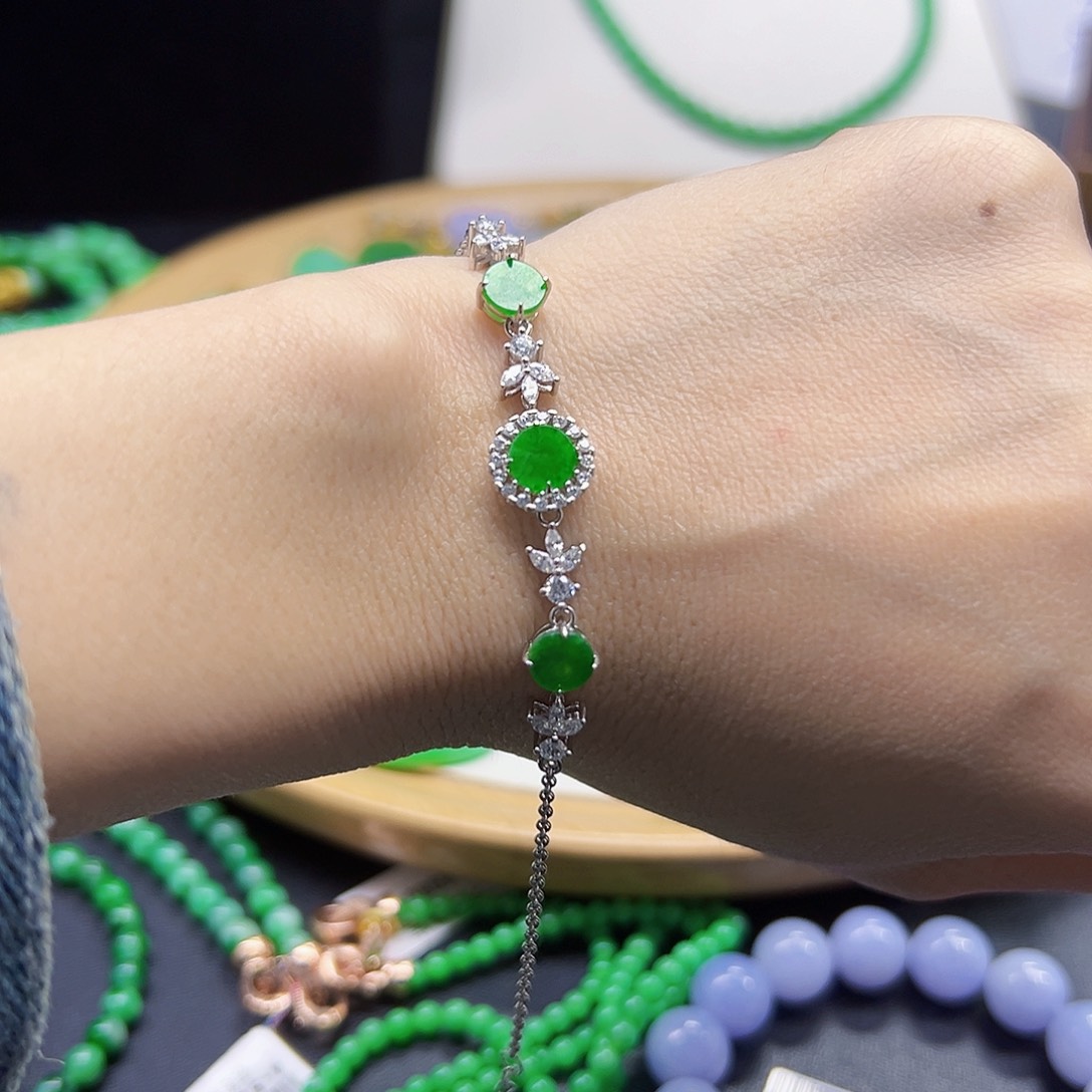 翡翠手链银S925镶嵌天然缅料A货一件