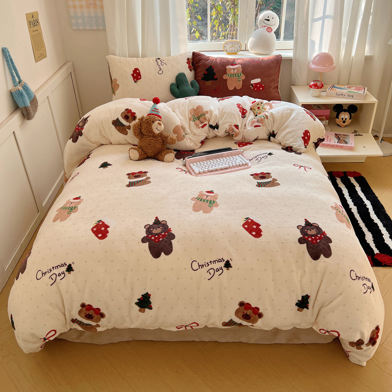 ins少女圣诞猫咪牛奶绒四件套圣诞小熊加厚牛奶绒学生三件套