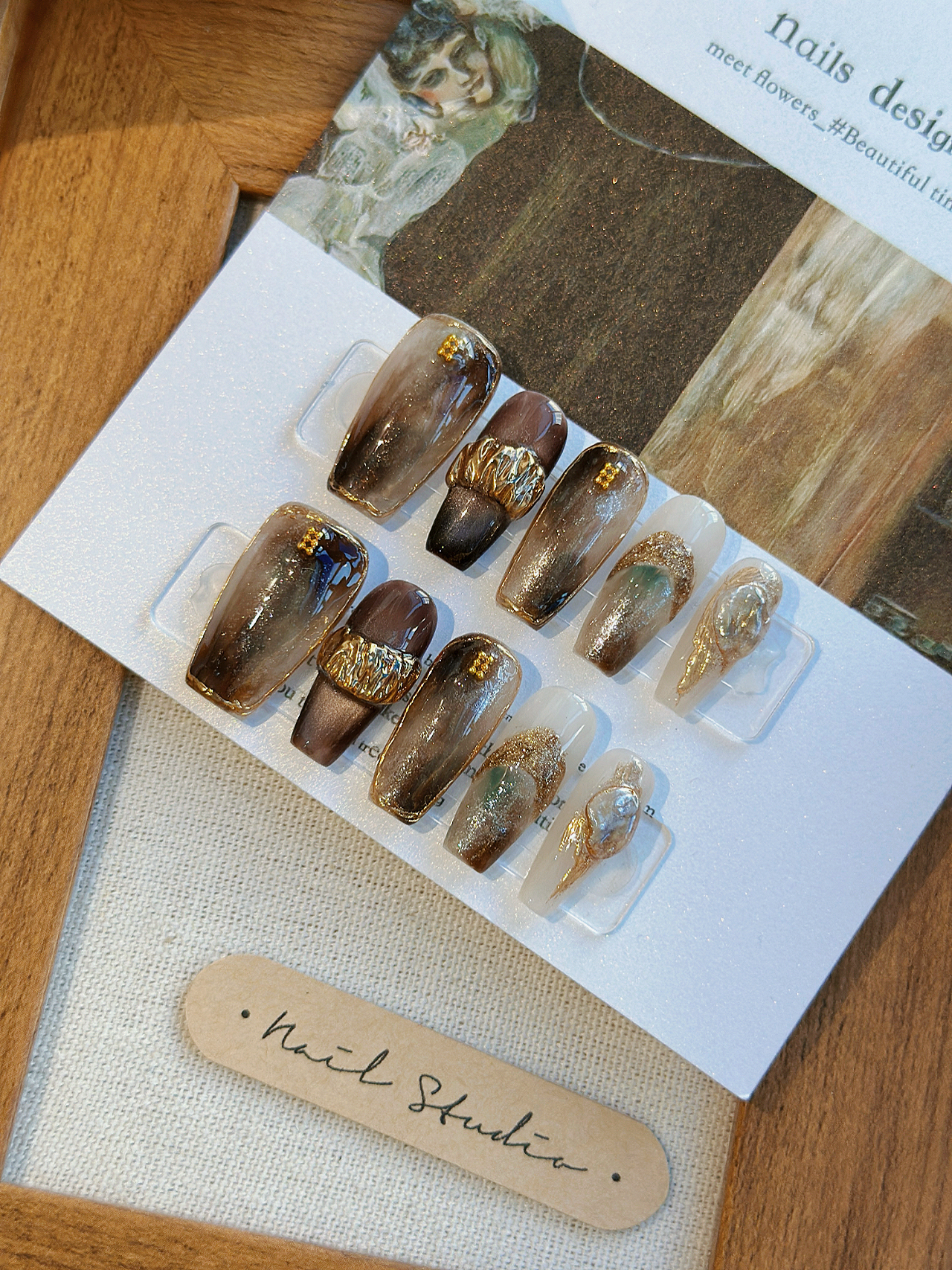 美拉德香槟猫眼晕染纯手工穿戴甲显白丨手模具定制款美甲贴片