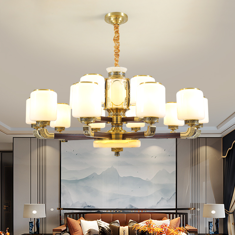 新中式客厅吊灯别墅复式楼全铜实木餐厅灯中国风高端新款大厅灯具