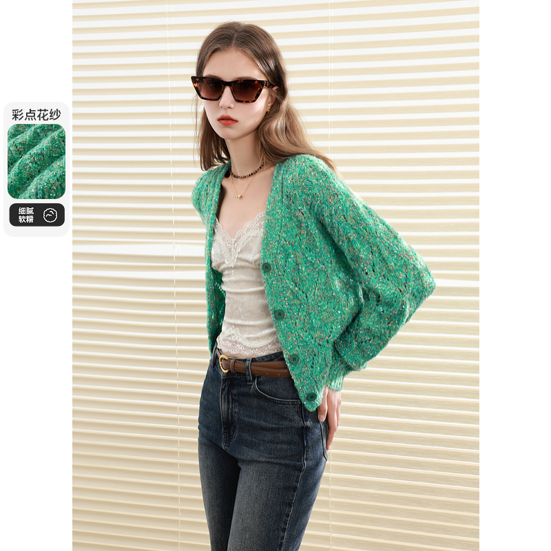 【小铃铛】三彩2024秋季新款多巴胺毛衣彩点花纱针织开衫V领复dbq