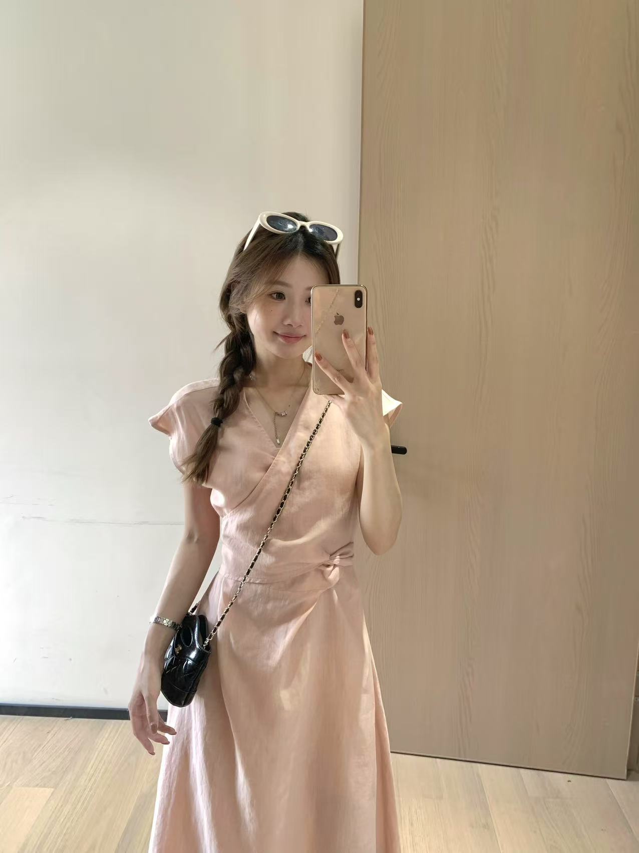 韩11短袖系带纯色长裙公主袖连衣裙针织夏季复古温柔风