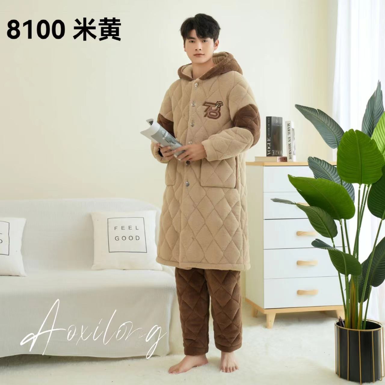 男睡袍三层夹绵加厚加绒特厚连帽长裤牛奶绒拼接套装家居服