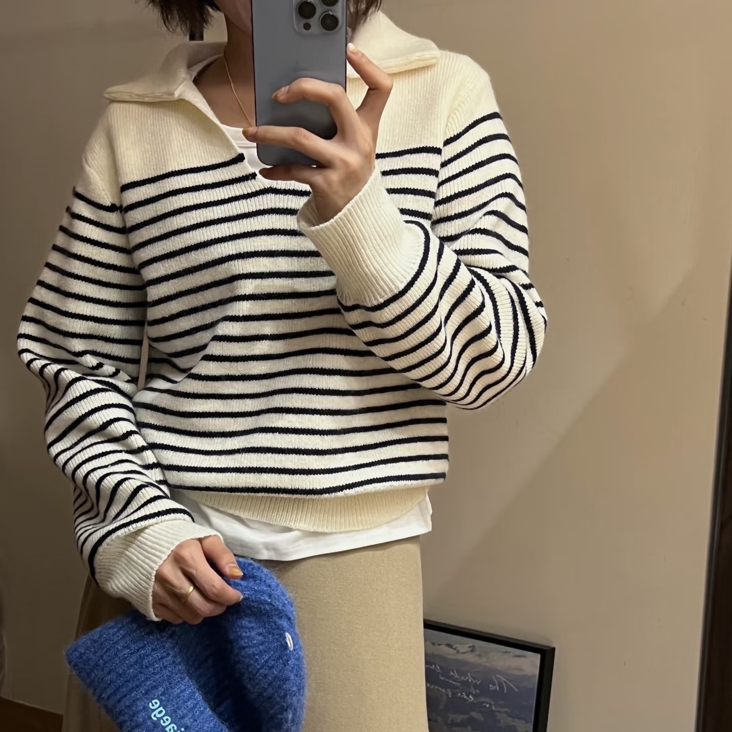 99新 Celine/思琳 D500191/条纹套头翻领毛衣/M码