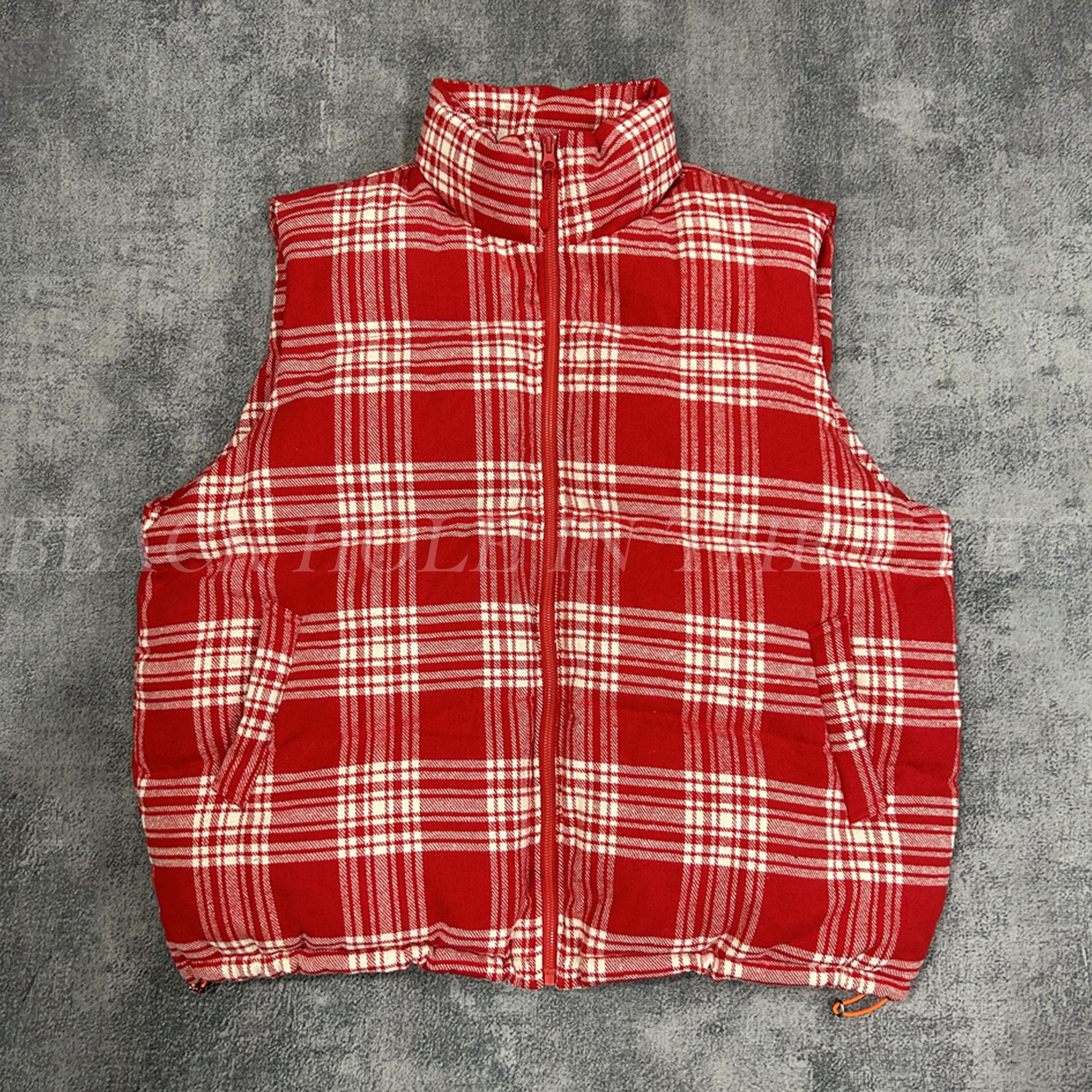 黑洞之眼第12季  重磅混纺宽松美式休闲高街风红白格子马甲棉服