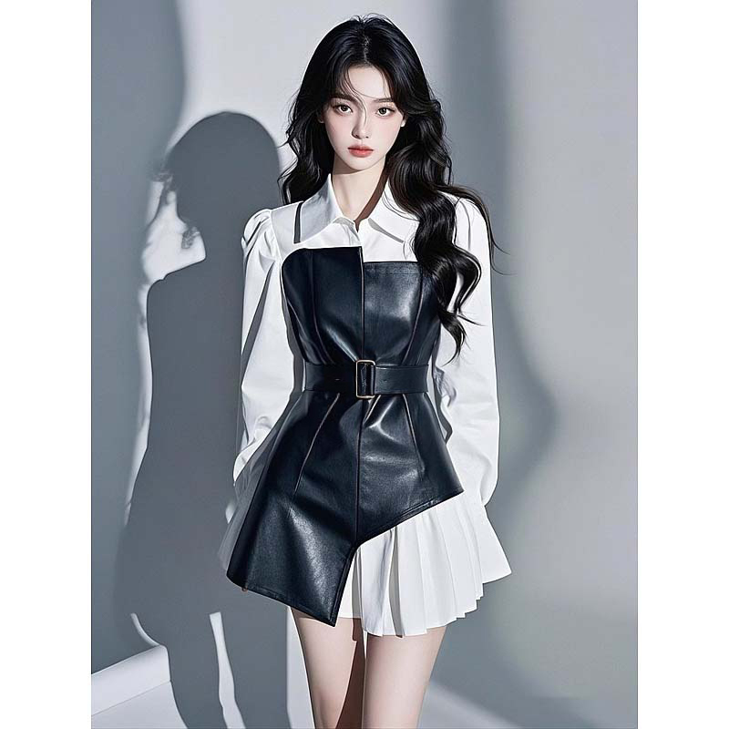 【送腰带】爆款超火高级感超好看气质千金风黑色拼接连衣裙D3666