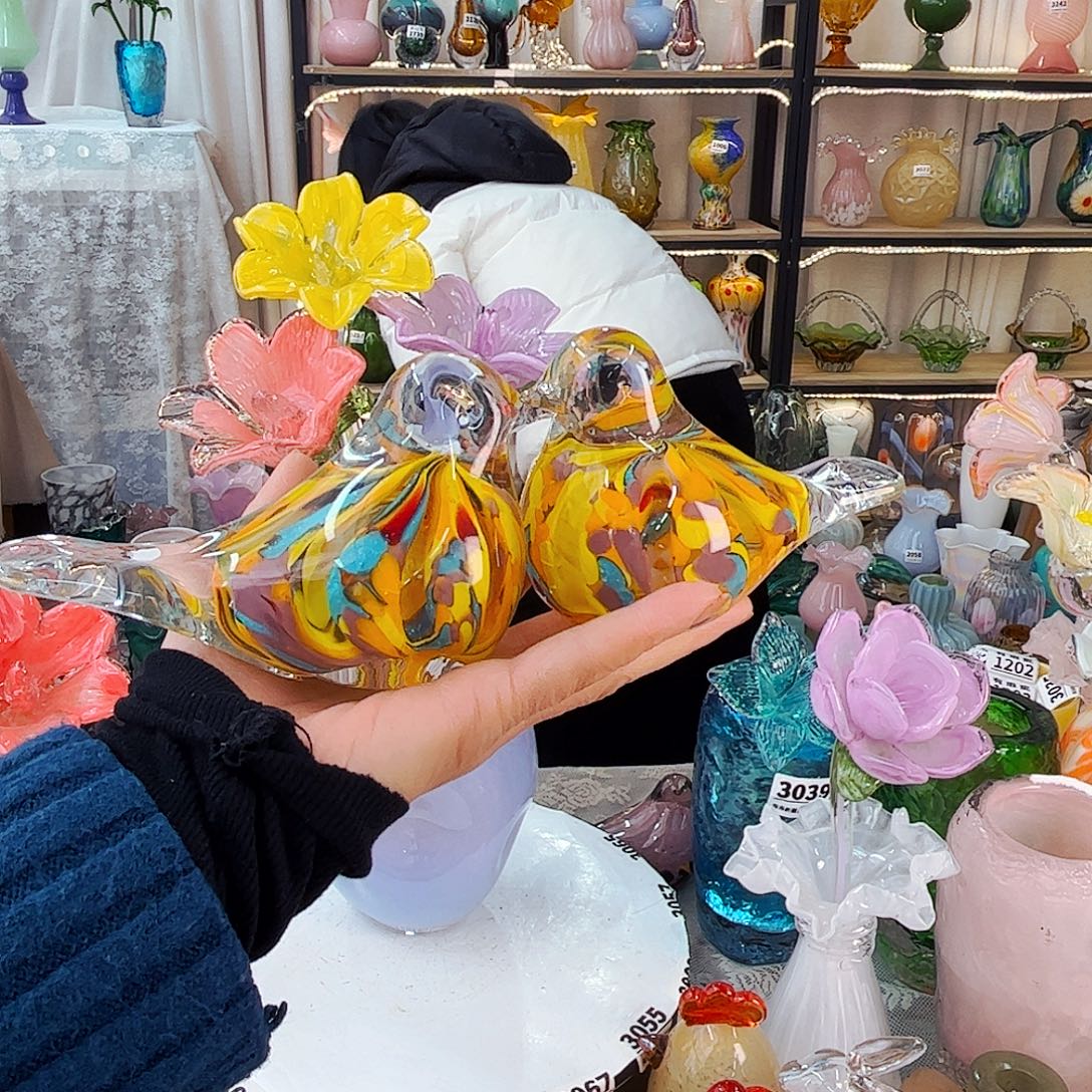 一对鸟家悦琉璃工艺品冰纹不完美