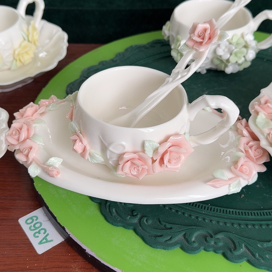 手工捏花玫瑰花咖啡杯碟加勺子