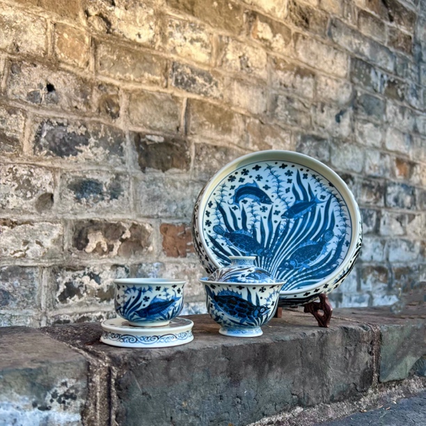 《鸣鹊坊》元青花杯碟鱼藻纹四件套盖碗茶具陶瓷茶杯精美蓝色款式