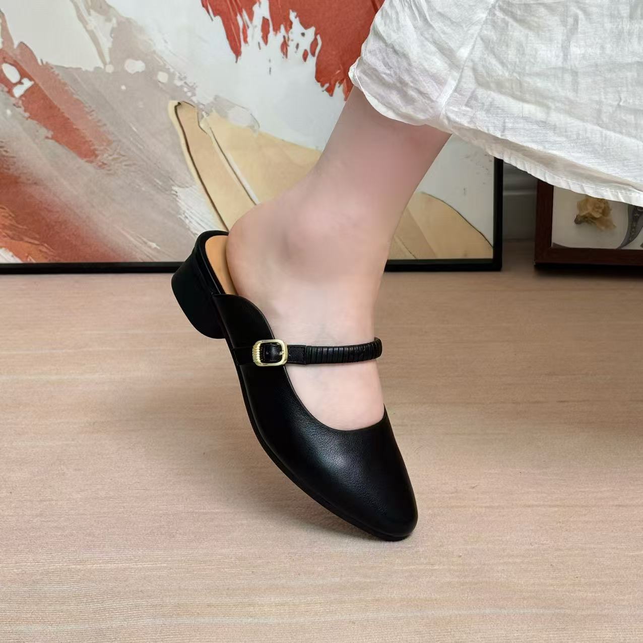 2025年新款牛皮芒果头简约舒适包头拖鞋