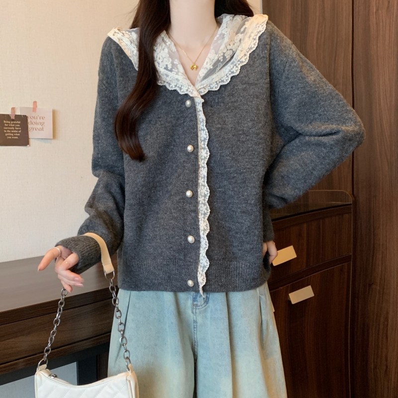 2024大码秋冬韩系简约蕾丝帽拼接精致长袖针织衫百搭开衫毛衣