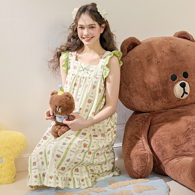 芬腾睡裙女纯棉夏季卡通布朗熊无袖睡衣凉感中裙宽松家居服连衣裙