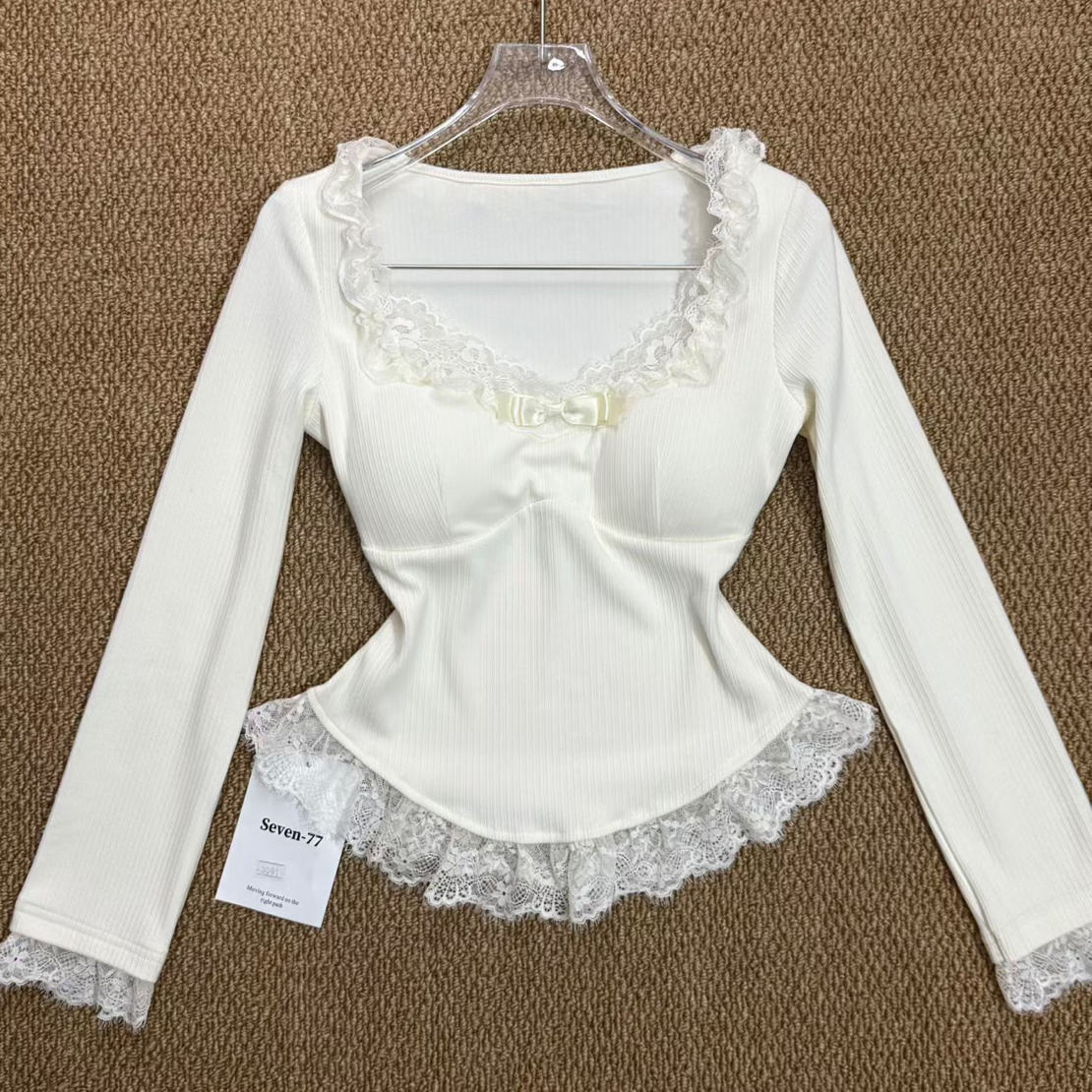 【纯欲蕾丝u领磨毛仙气长袖上衣】