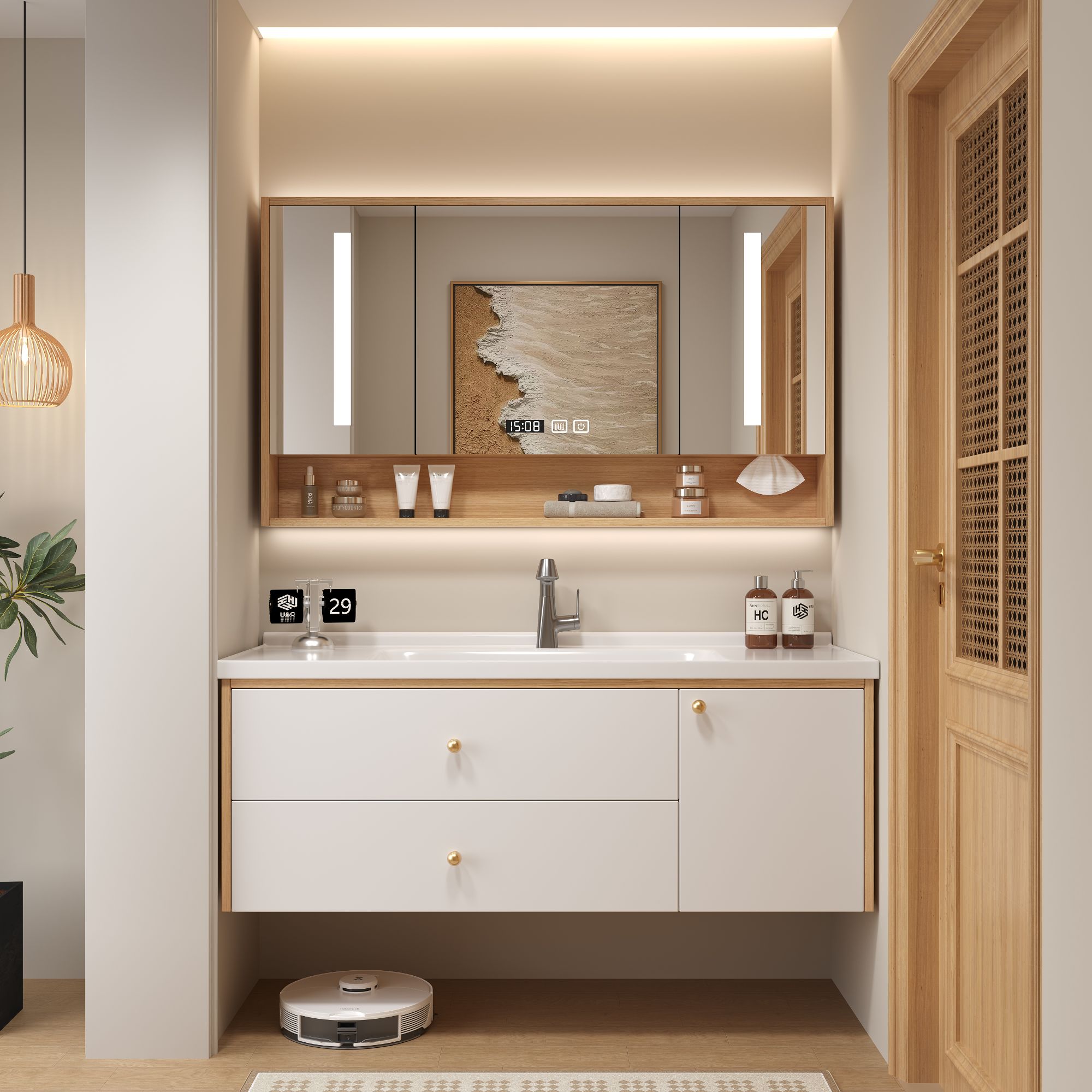 奶油风原木色陶瓷一体盆智能浴室柜卫生间洗手洗脸洗漱台柜盆组合