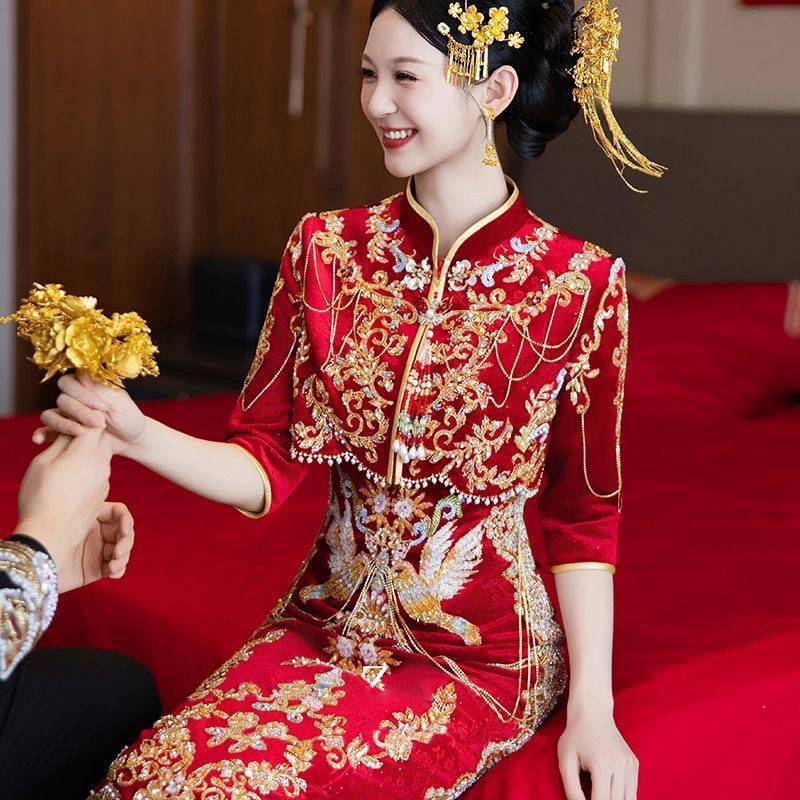 红色敬酒服旗袍2025新款敬酒服新娘红色奢华新中式订婚礼服套装女