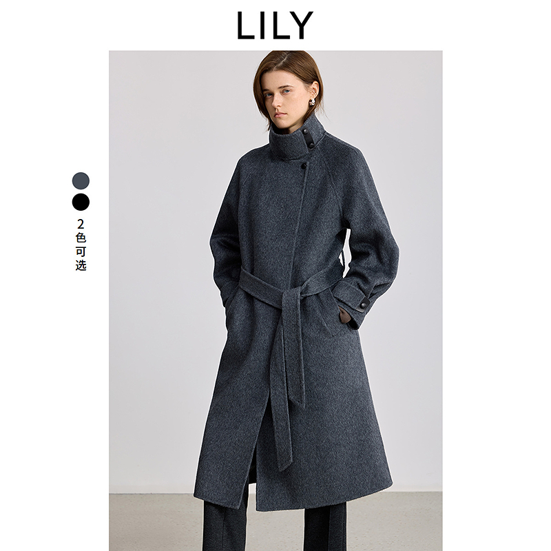 100%羊毛LILY2025冬新款烟囱领腰带双面呢毛呢外套女125419FN922