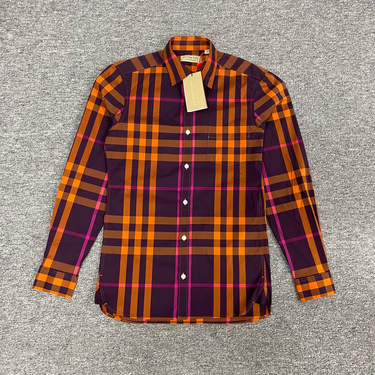 99新 BURBERRY/博柏利 经典 格纹 长袖衬衫 拼色 橙色 Xs码