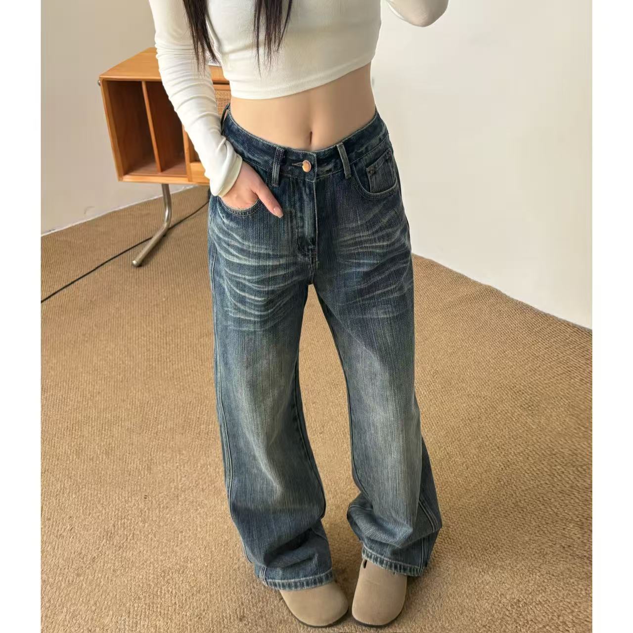 秋冬新款做旧复古水洗中腰做旧猫须牛仔裤显瘦直筒男女同款阔腿裤