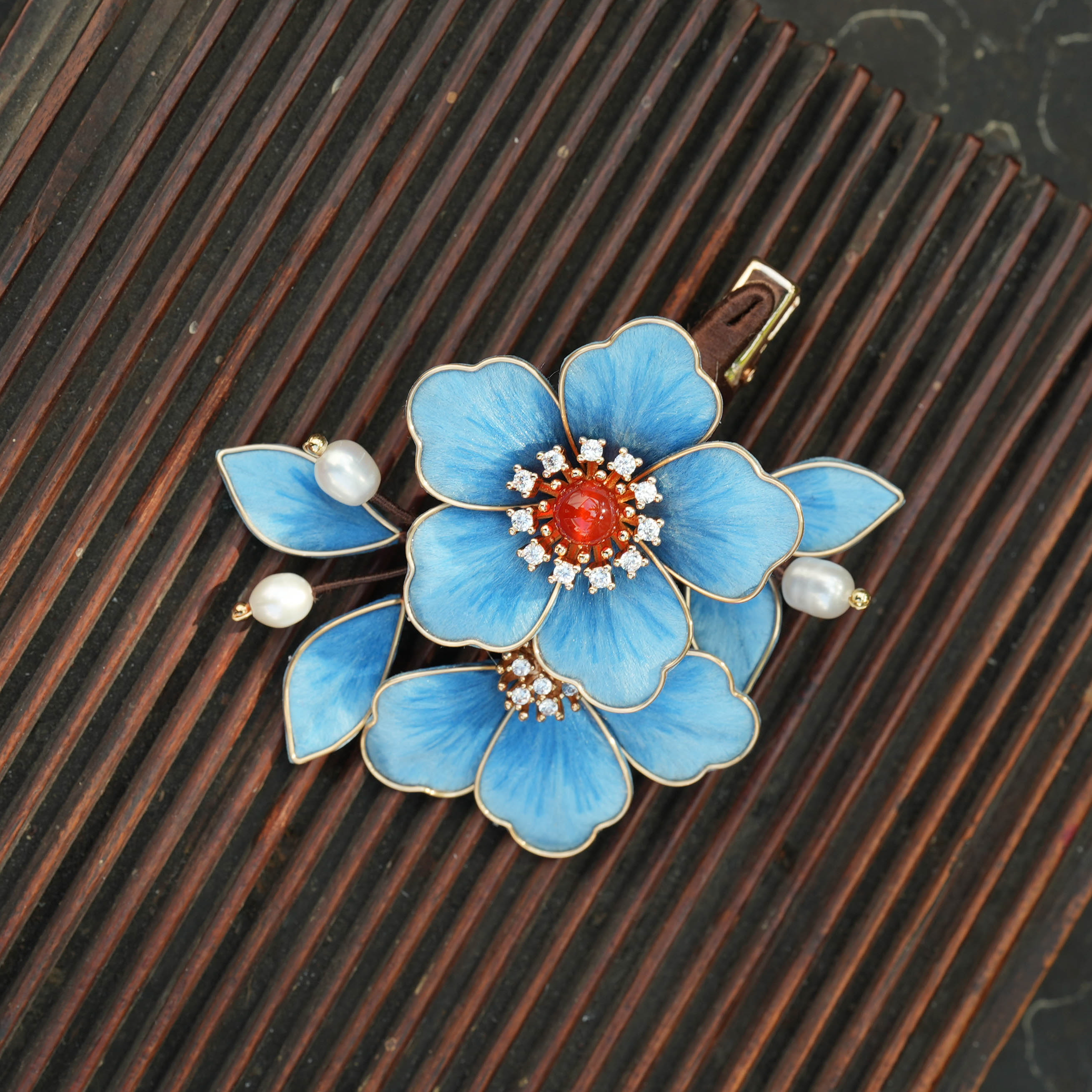 【天青牡丹】绒花发夹