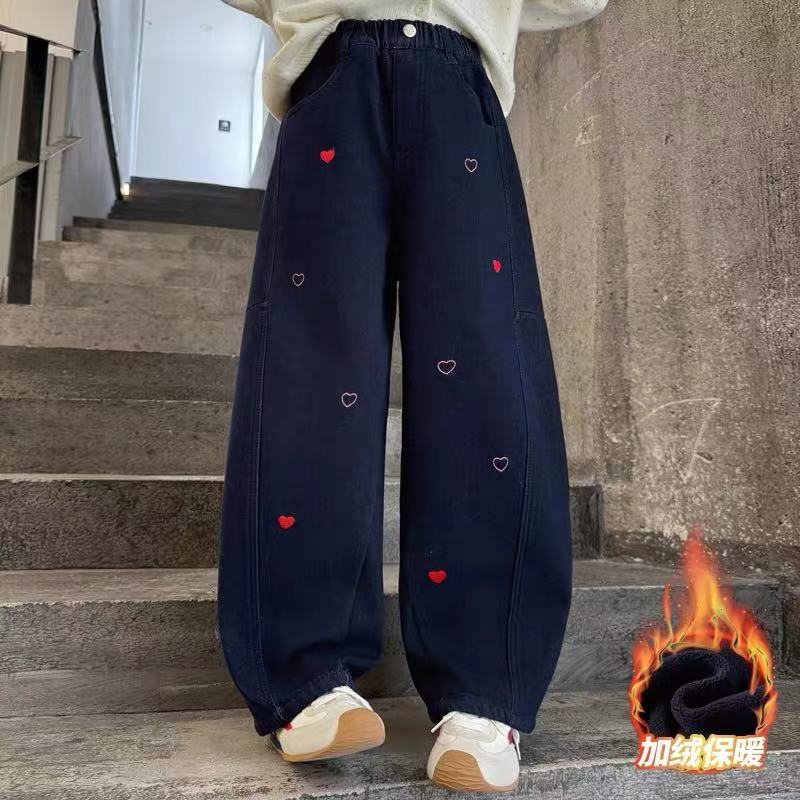 冬款洋气时髦爱心刺绣加绒女童牛仔裤 F355 355 K