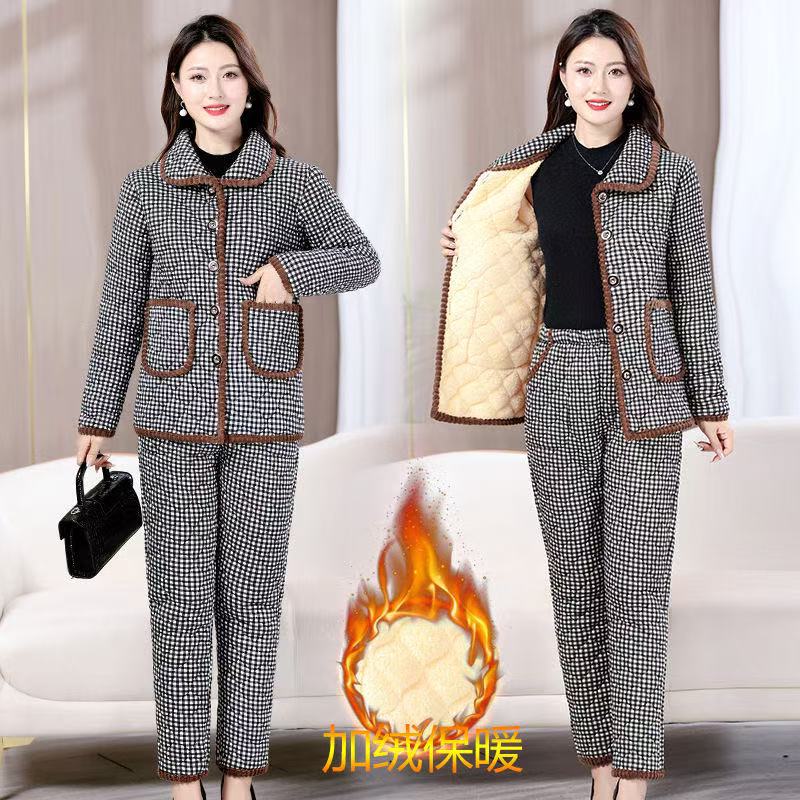 冬季新款妈妈装花棉衣套装新款中老年加绒加厚保暖棉衣棉裤两件套