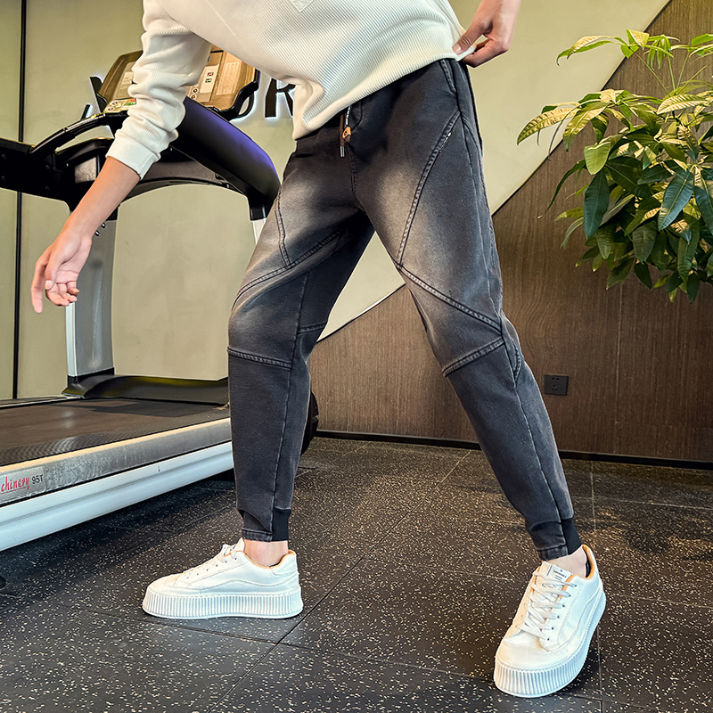 潮牌痞帅男士牛仔裤子男款秋冬款男装加绒加厚时尚修身小脚休闲裤