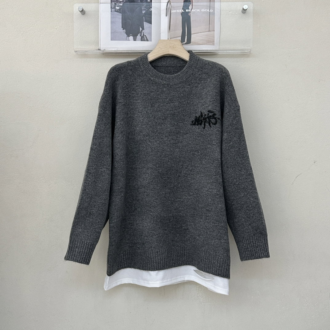 160X40O假两件针织圆领遮屁股洋气毛衣(衣长76)