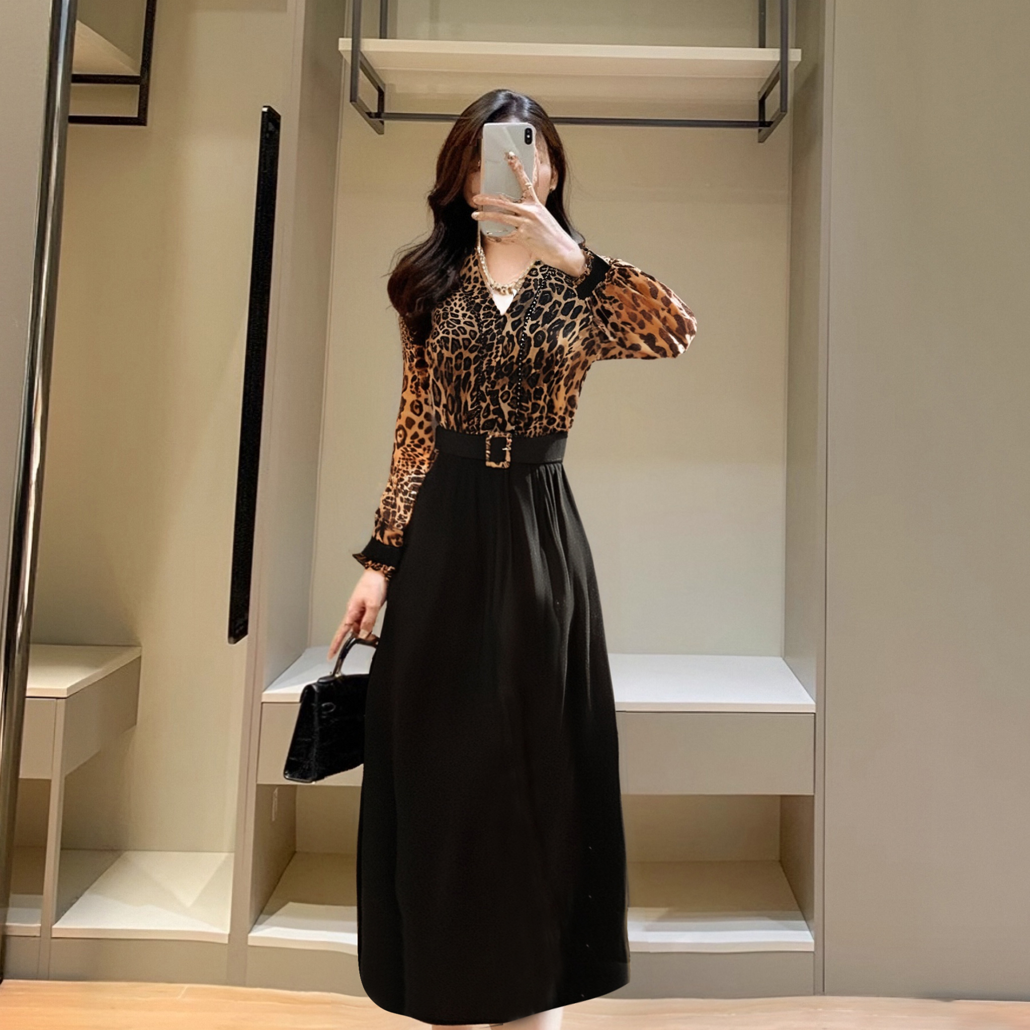 有里布豹纹衬衫黑色垂感连衣裙珍珠项链女春夏时尚通勤裙子D0608