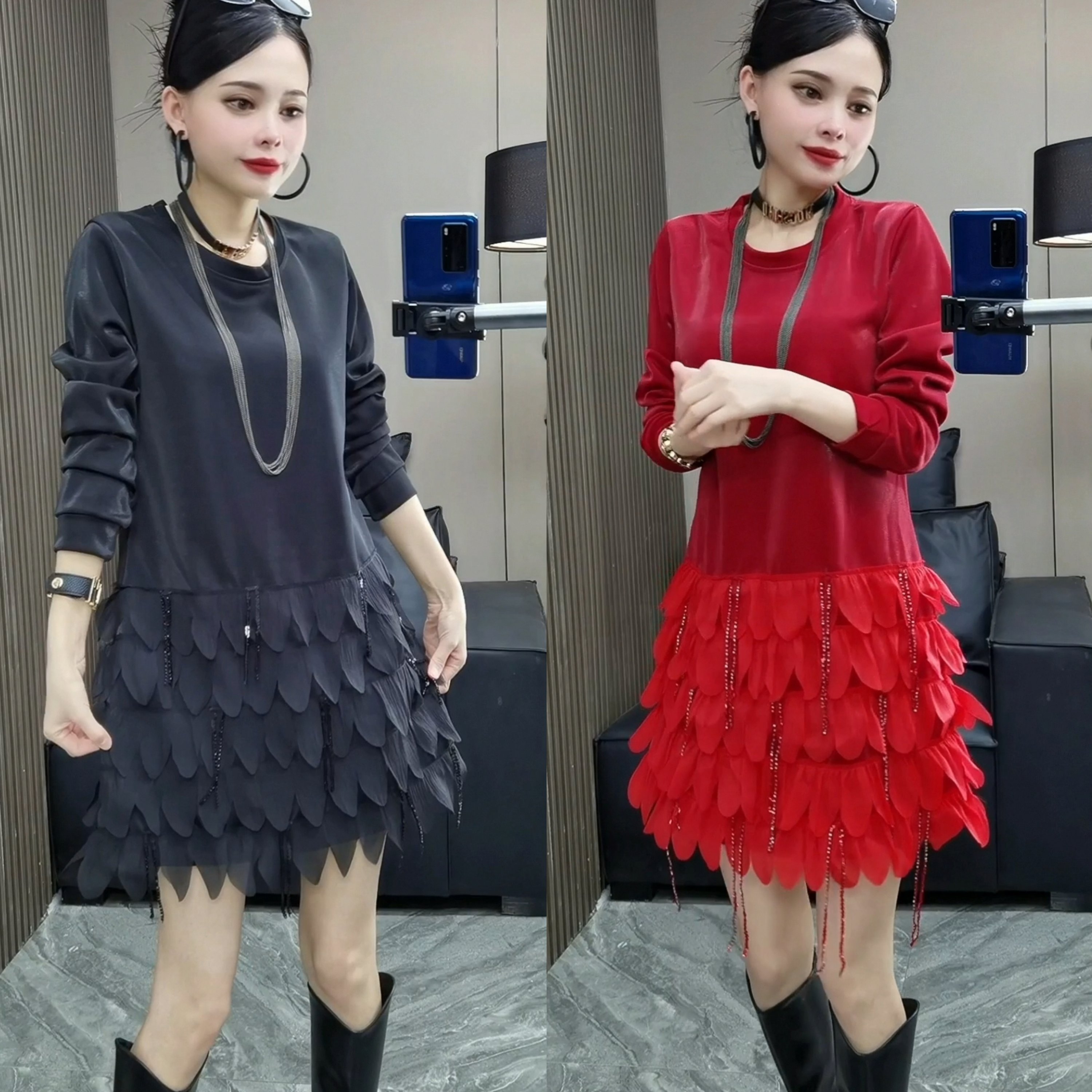732#XY新款花瓣流苏女长袖圆领显瘦遮肉减龄气质打底短款连衣裙