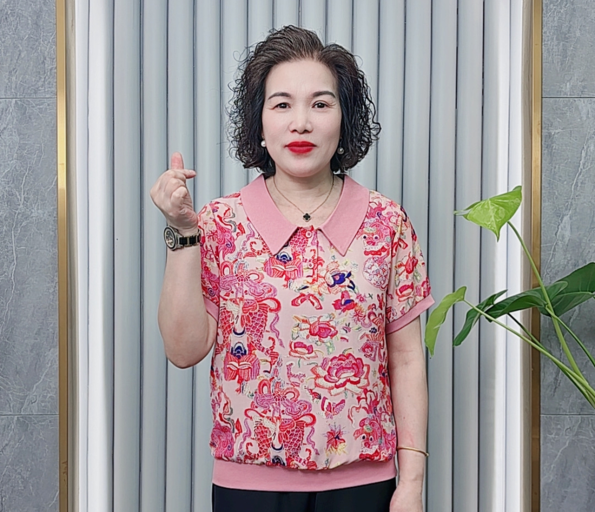 夏季花色娃娃领短袖T恤女透气凉快小衫休闲显瘦中老年妈妈装上衣
