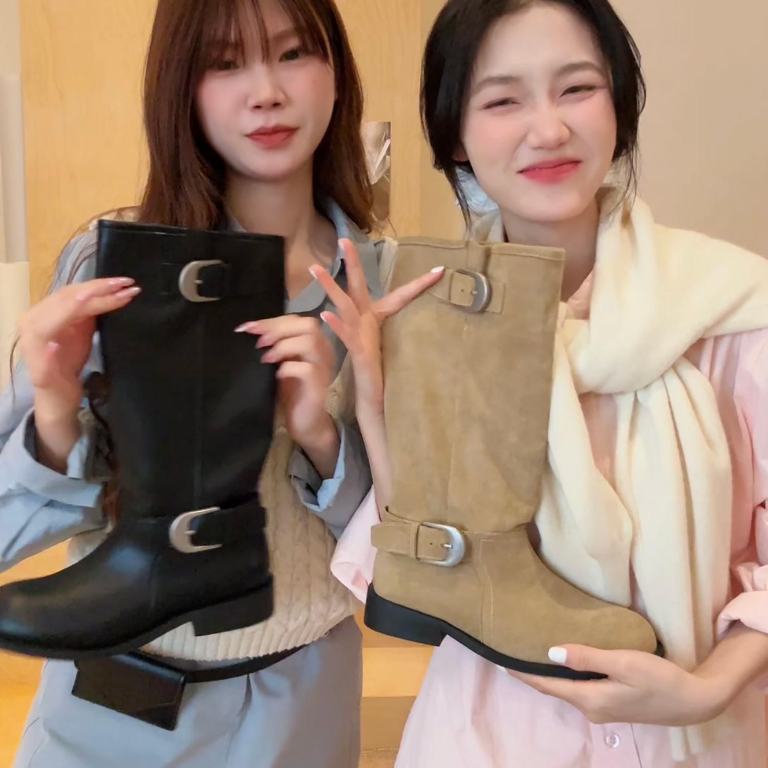 61oniiii＂韩女战靴＂绒面高筒靴女夏季2025新款绒面低粗跟马丁靴