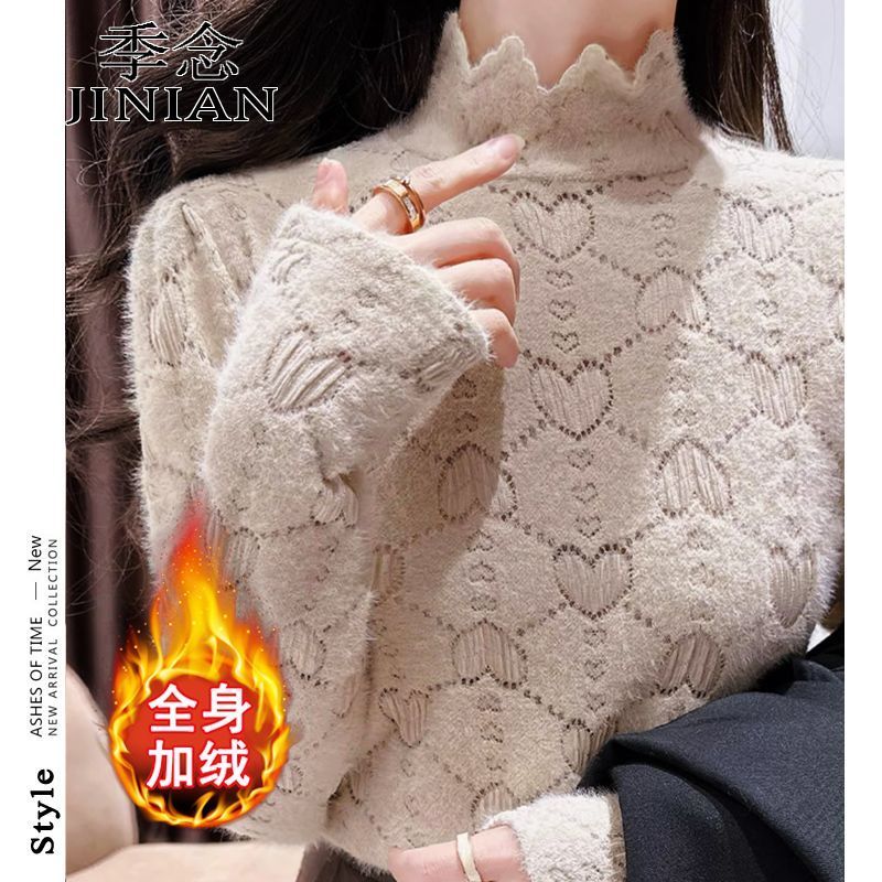 季念加绒时尚蕾丝打底衫女秋冬加绒保暖半高领洋气质内搭小衫上衣