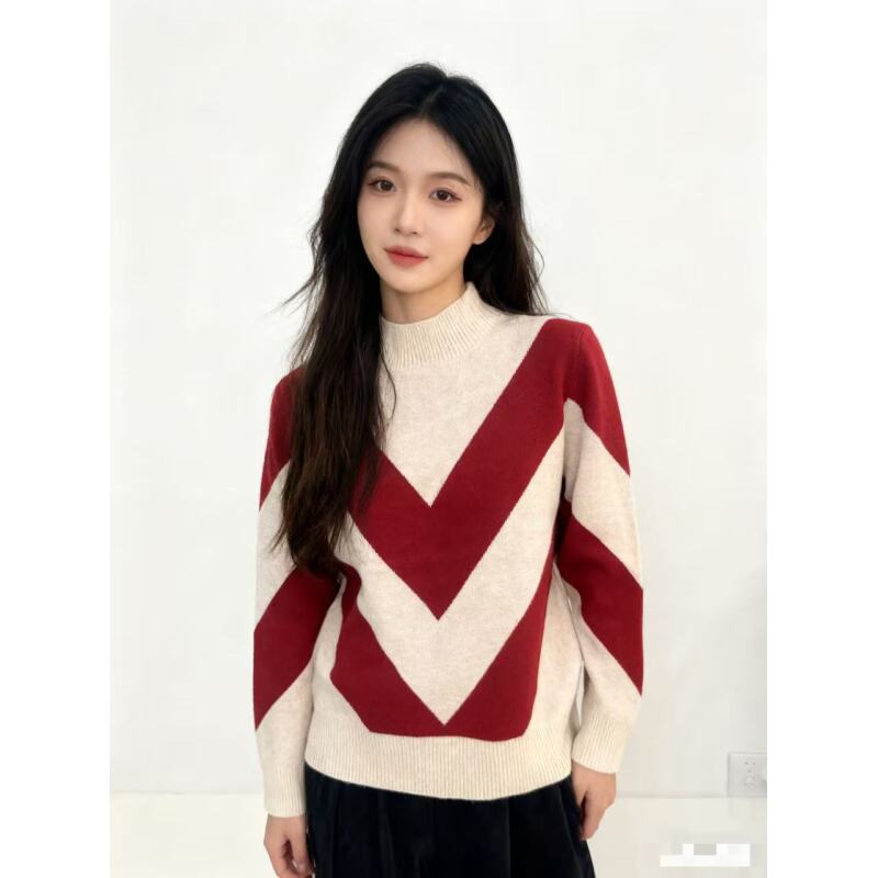 【红白v形撞色】套头毛衣简约百搭时尚妈妈款17