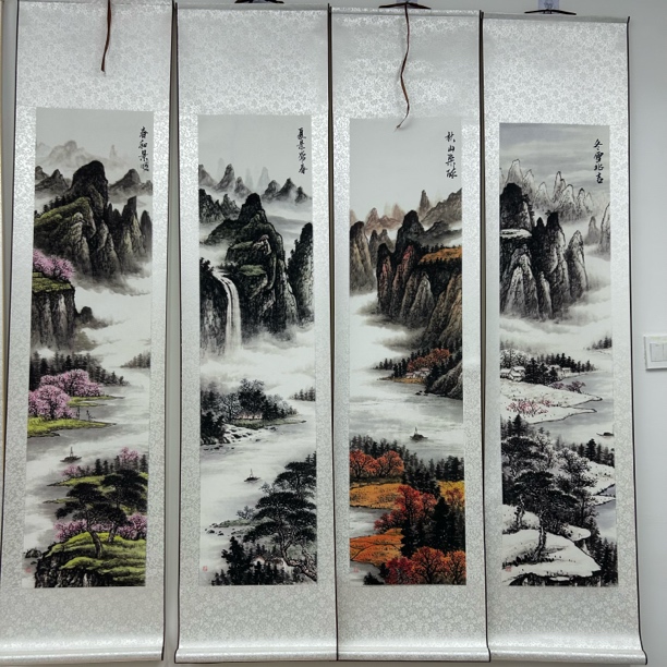 山水四条屏已装裱170cm*40cm客厅茶室书房办公室背景墙走廊挂画