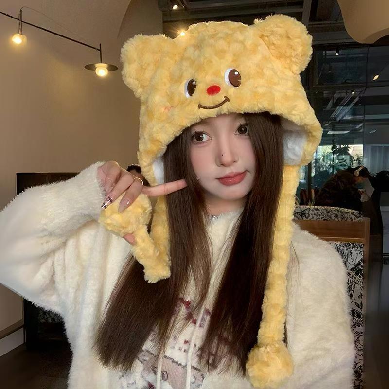 冬季百搭显脸小防寒保暖护耳大头围雷锋帽可爱黄油小熊毛绒帽子女