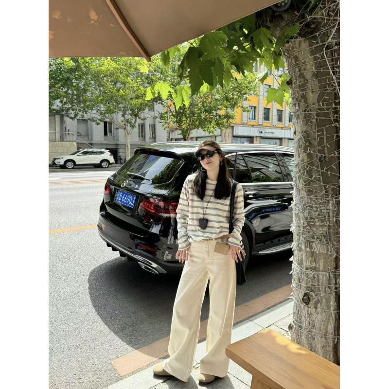 YOI MAGIS【miu系美学】莱赛尔条纹女秋季宽松韩系慵懒松弛感T恤