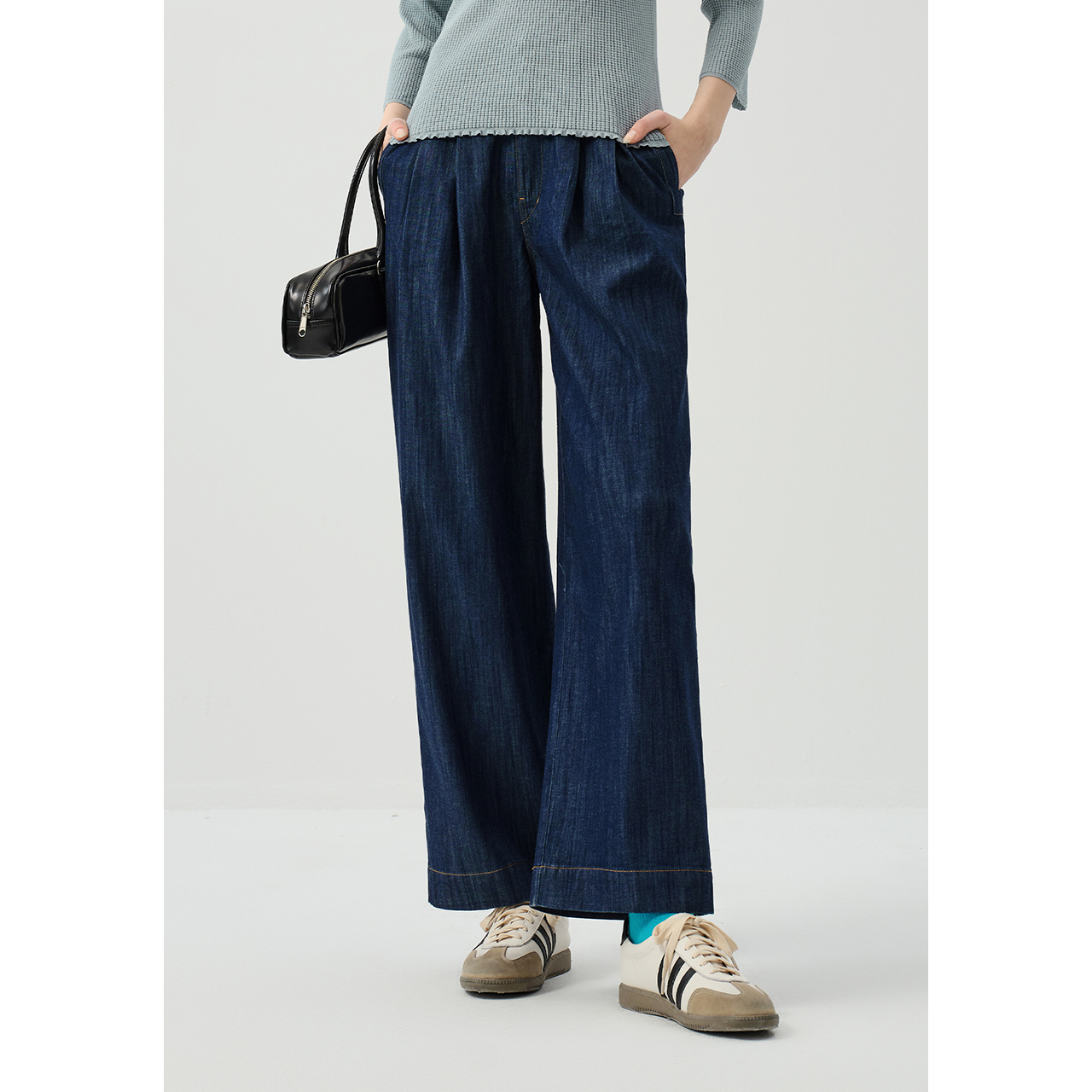 EIN/言时髦知识分子轻通勤撞色线迹设计量感阔腿牛仔裤25秋季款