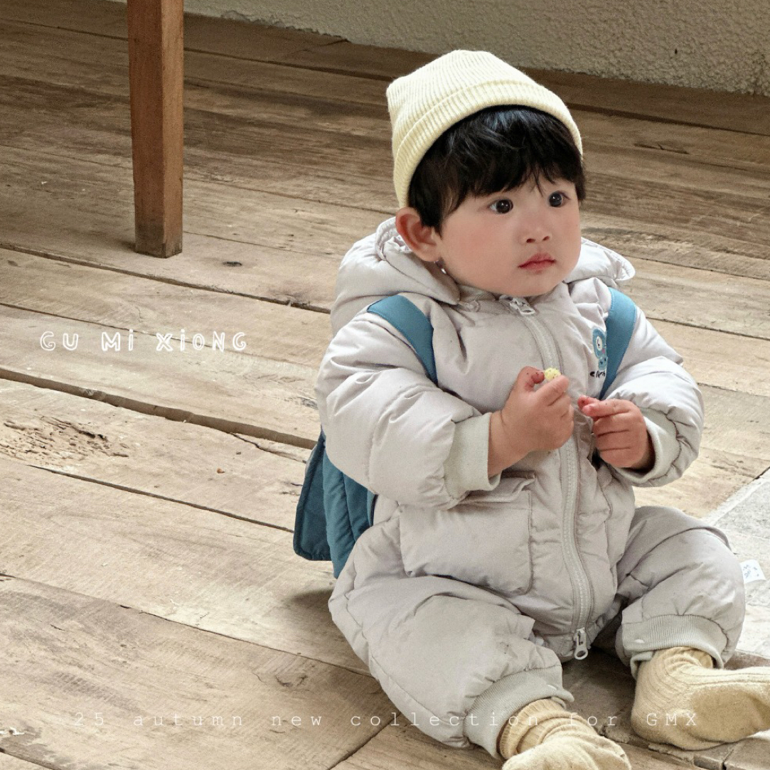 谷米熊&奶茶小猪&甜橙泡泡90白鸭绒婴儿加厚保暖连帽可拆连体羽绒