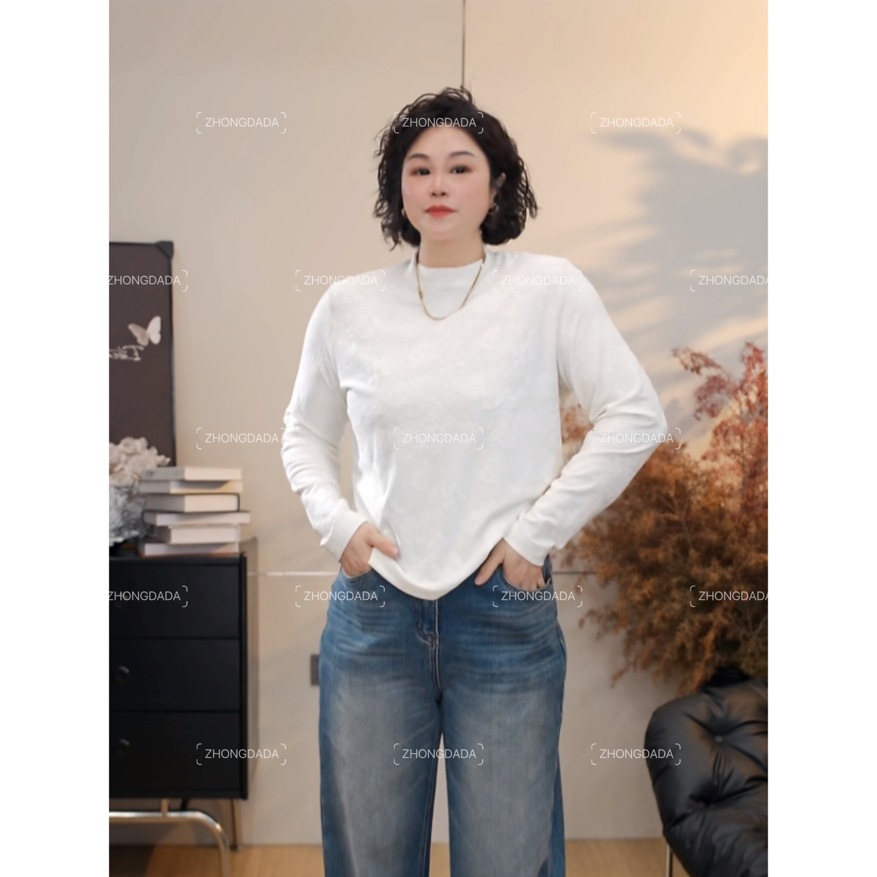ZHONG大大【】高级感提花长袖T恤秋冬圆领正肩百搭打底上衣12122