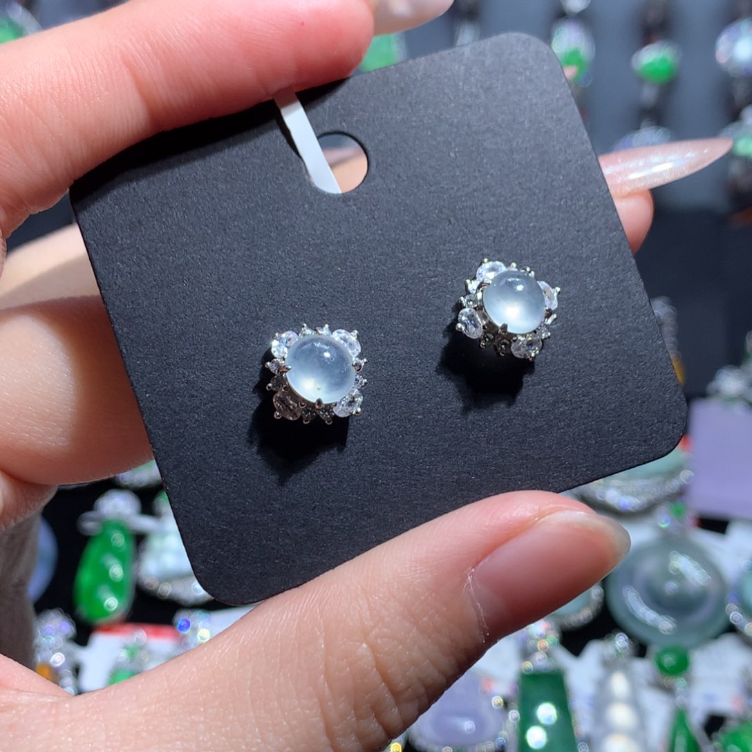 翡翠耳饰银S925镶嵌天然翡翠