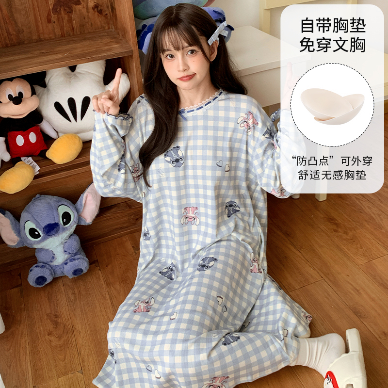  Disney/迪士尼春秋新款套头长袖带胸垫睡衣女宽松休闲家居服0157