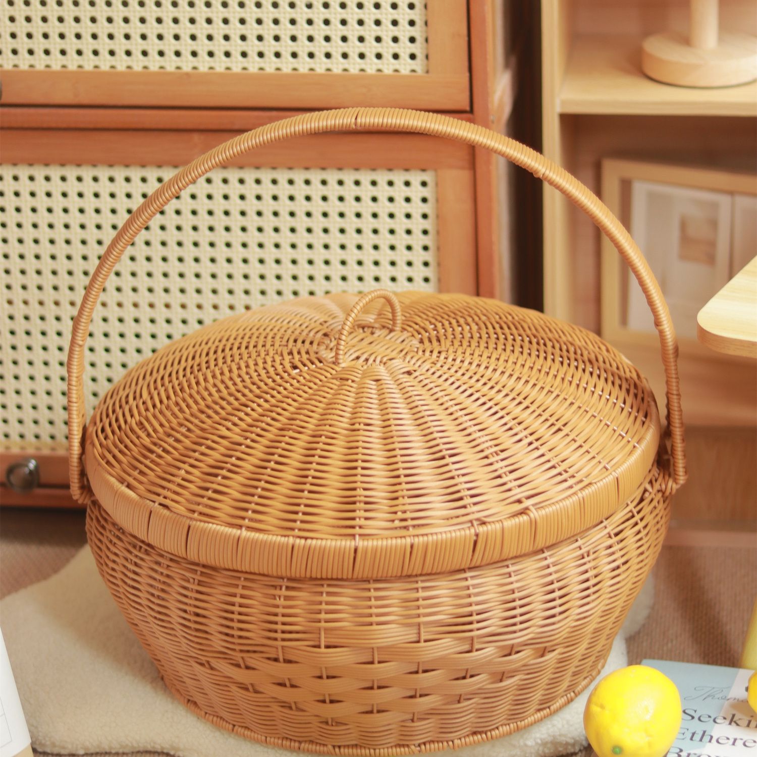 FT77仿藤编织带盖拜拜手提篮圆形提篮手工家用拜神野餐收纳鸡蛋